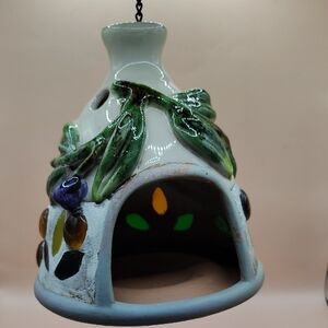Handcrafted Glazed Ceramic Terracotta Birdhouse with Strained Glass Leaf Design